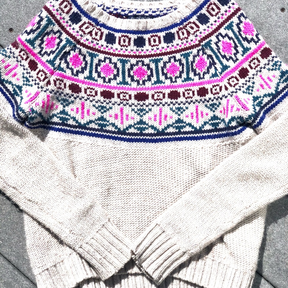 American Eagle Outfitters Cream Sweater with Pink and Blue Pattern